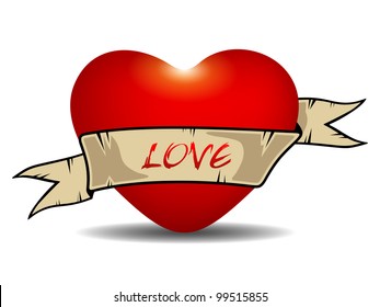 Red heart shape with love text on ribbon, isolated on white background.EPS 10.