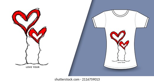 Red heart shape and love you text for valentine'day vector, T shirt design for happy valentine's day template, clothing print, t shirt mockup, Female fashion, hand drawn heart vector illustration