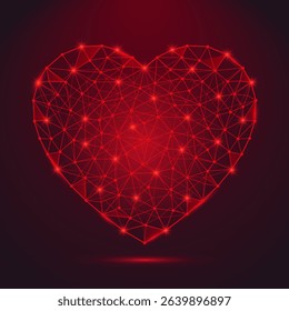 Red heart shape in low poly style. Charity donation concept. Abstract geometric lobe symbol with connected lines. Vector illustration isolated on dark background.