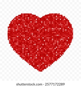 Red heart shape made of bright sequins. Isolated on transparent background. Vector illustration