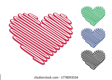 Red heart shape made from diagonal lines isolated on the white background. Contour of a heart is perfect for wedding invitations, logo and icons