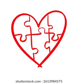 Red heart shape made entirely of puzzle pieces in a hand-drawn style on a white background, symbolizing love, connection, and unity