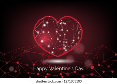 The red heart shape is made from polygon lines On a dark red background. happy valentine's day