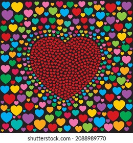 Red heart shape made up of smaller red hearts with surrounding hearts in several other colours from the colour spectrum creating contrast between the heart shape and the background. Spread the love.