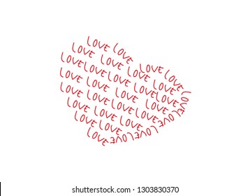 Red heart shape made of red words love on white background. Concept of valentine's day. 