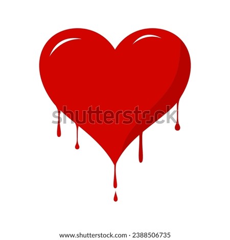 Red heart shape melting with drops in flat design on white background.