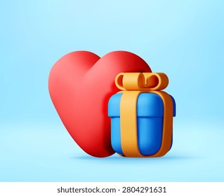 Red heart shape next to blue gift box with yellow ribbon. 3D icon of love and present for Valentine day celebration. Minimalist holiday object for romantic occasion or surprise.