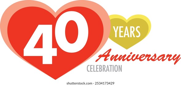 red heart shape with number of 40 white color. yellow heart shape with words years white color and anniversary celebration, isolated on white background.