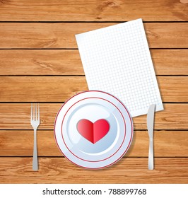 Red heart shape on a plate with knife, fork and empty note pad for message on wooden background. Romantic dinner template with space for text, love greeting card for valentines day. Vector. 