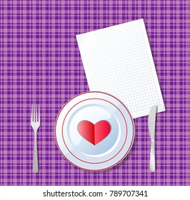 Red heart shape on a plate with knife, fork and white sheet for message on chequered violet tablecloth background. Romantic dinner template with space for text, love greeting card for valentines day.