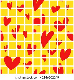 Red heart shape on white grid on yellow background seamless pattern.