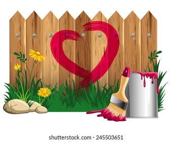 Red heart shape, painted on a wooden fence , bucket of paint and brush. Vector illustration. Isolated on white background.