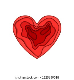 Red heart shape in paper cut style. Valentines day concept. Vector illustration isolated on white background.