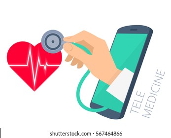 Red heart shape with pulse line, doctor's hand holding a stethoscope through the phone screen checking heartbeat. Tele, online, remote medicine flat concept illustration. Vector isolated design.