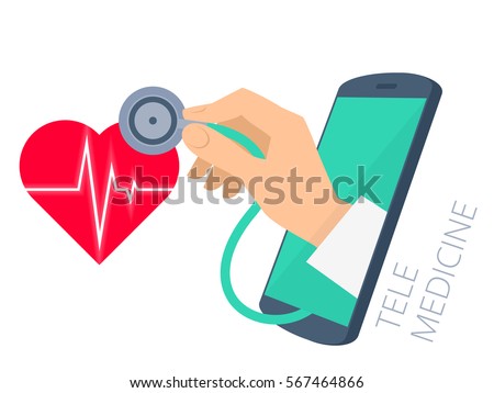 Red heart shape with pulse line, doctor's hand holding a stethoscope through the phone screen checking heartbeat. Tele, online, remote medicine flat concept illustration. Vector isolated design.