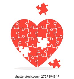 Rompecabezas de forma de corazón rojo con piezas faltantes