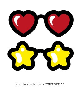 Forma de corazón rojo forma gafas de sol de San Valentín retro icono aislado sobre fondo blanco. Ilustración vectorial. Icono aislado de gafas de sol retro de forma estrella sobre fondo blanco.