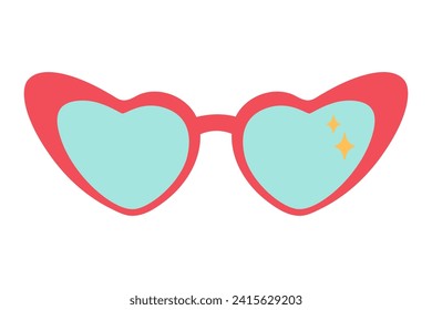 Red heart shape retro valentines sunglasses isolated on white background. Simple Hand Drawn. Retro style. flat vector. Perfect For Poster, Invitation, Tshirt Print or Valentines Day Greeting Card