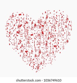 red heart shape with red ribbon and confetti on white background