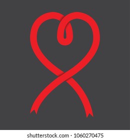 Red heart shape ribbon on gray background. vector illustration.