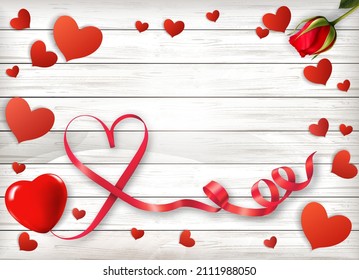 Red heart shape ribbon and paper hearts on a wooden sign. Valentine's Day background. Vector illustration