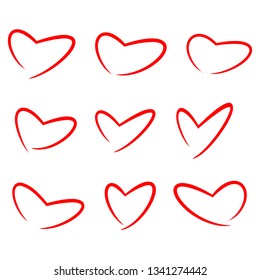 red heart shape set; various love symbol isolated on white background. vector illustration 
