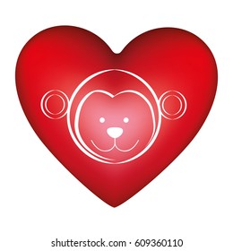 red heart shape with silhouette face cute monkey animal vector illustration