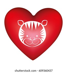red heart shape with silhouette face cute tiger animal vector illustration