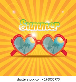 red heart shape sunglasses with tropical island reflection. vector summer background