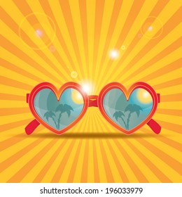 red heart shape sunglasses with tropical island reflection. vector summer background