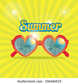 red heart shape sunglasses with tropical island reflection. vector summer background