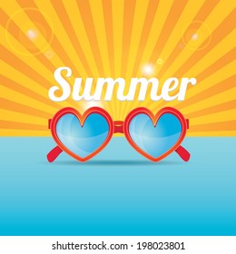 red heart shape sunglasses . vector summer background