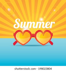 red heart shape sunglasses . vector summer background