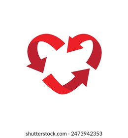 Red heart shape symbol with arrows. Recycle logo, Flat vector design element