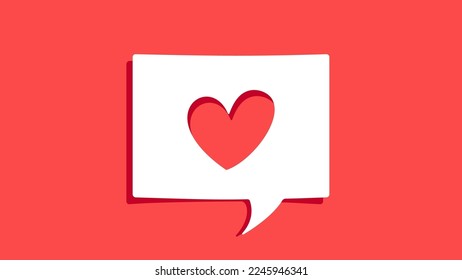 Red Heart shape symbol on cutout white paper speech bubble on red background. Love valentine day message concept. Vector illustration