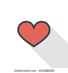 red heart shape thin line flat color icon. Linear vector illustration. Pictogram isolated on white background. Colorful long shadow design.