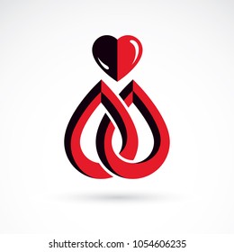 Red heart shape vector illustration composed with blood drops. Medical theme vector graphic symbol for use in medicine, rehabilitation or pharmacology.