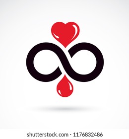 Red heart shape vector illustration composed with blood drops and symbol of infinity. Medical theme vector graphic symbol. Save life conceptual graphic emblem.