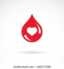 Red heart shape vector illustration composed with blood drops. Medical theme vector graphic symbol for use in medicine, rehabilitation or pharmacology.