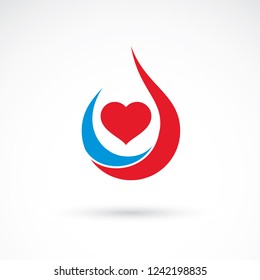 Red heart shape vector illustration composed with blood drops. Medical theme vector graphic symbol for use in medicine, rehabilitation or pharmacology.