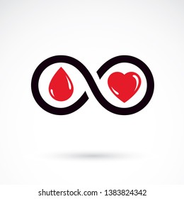 Red heart shape vector illustration composed with blood drops and symbol of infinity. Medical theme vector graphic symbol. Save life conceptual graphic emblem.