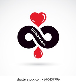 Red heart shape vector illustration composed with blood drops and symbol of infinity. Medical theme vector graphic symbol. Save life conceptual graphic emblem.