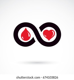 Red heart shape vector illustration composed with blood drops and symbol of infinity. Medical theme vector graphic symbol. Save life conceptual graphic emblem.