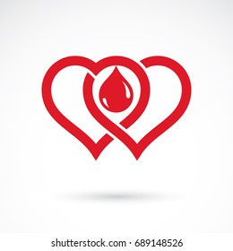 Ilustración vectorial de forma de corazón rojo compuesta por gotas sanguíneas. Símbolo gráfico del vector del tema médico para su uso en medicina, rehabilitación o farmacología.