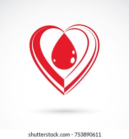Red heart shape vector illustration composed with blood drops. Medical theme vector graphic symbol for use in medicine, rehabilitation or pharmacology.