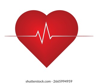 Una forma de corazón rojo con una línea blanca de electrocardiograma que corre horizontalmente a través del centro, mostrando un ritmo cardíaco.