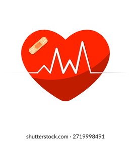 Forma de corazón rojo con una línea blanca de electrocardiograma que lo atraviesa, simbolizando la salud y la vida. Se coloca un vendaje Pequeño en el corazón.