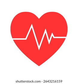 Forma de corazón rojo con línea blanca de latidos del corazón, que representa la atención médica, la cardiología, el monitoreo médico y el bienestar. Estilo de icono plano simple sobre fondo blanco.