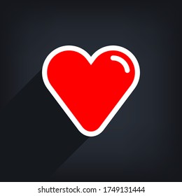 Forma de corazón rojo con trazo de línea blanca. Icono médico, signo de amor y símbolo del Día de la Fiesta de San Valentín. Forma plana con sombra larga sobre fondo gris. La ilustración vectorial es un elemento gráfico.