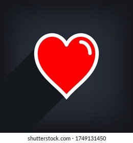 Forma de corazón rojo con trazo de línea blanca. Icono médico, signo de amor y símbolo del Día de la Fiesta de San Valentín. Forma plana con sombra larga sobre fondo gris. La ilustración vectorial es un elemento gráfico.